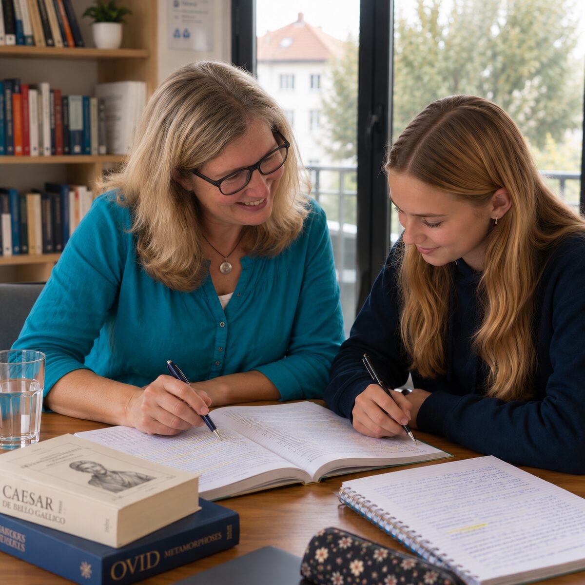 Bettina Betz arbeitet mit einer Schülerin am Tisch