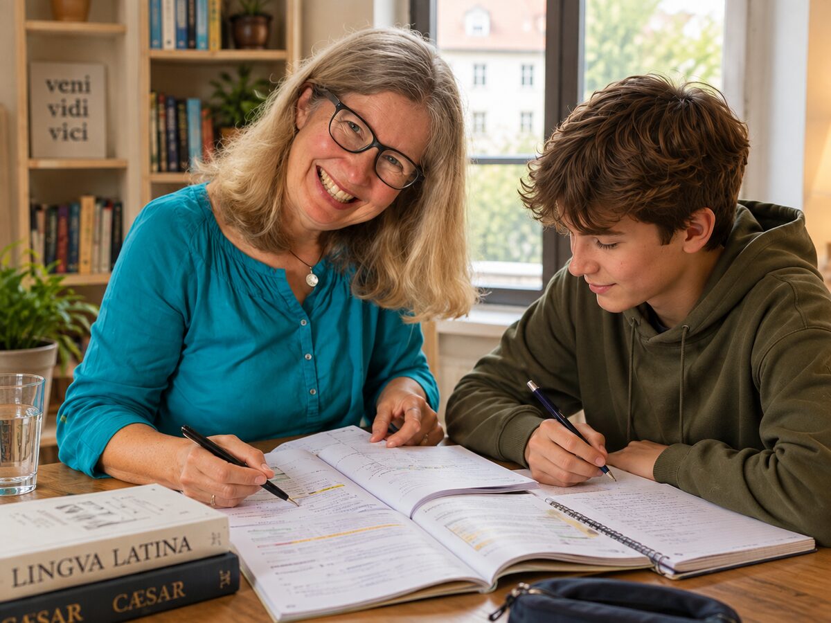 Bettina Betz arbeitet mit einem Schüler am Tisch