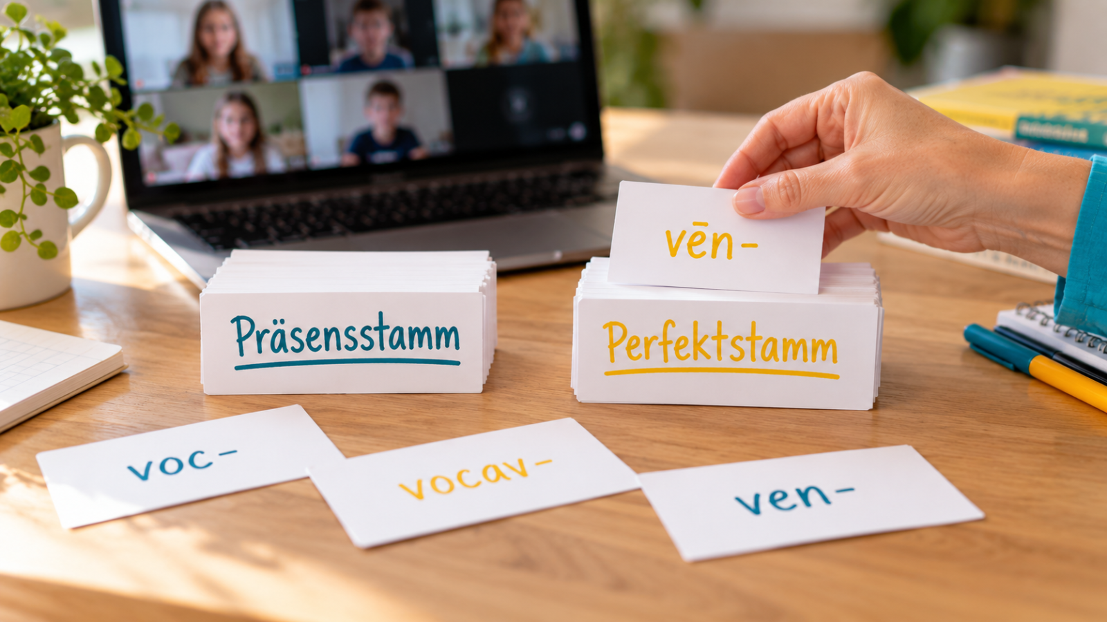 Hände sortieren Latein Karten mit lateinischen Verbstämmen in die Stapel Präsensstamm und Perfektstamm