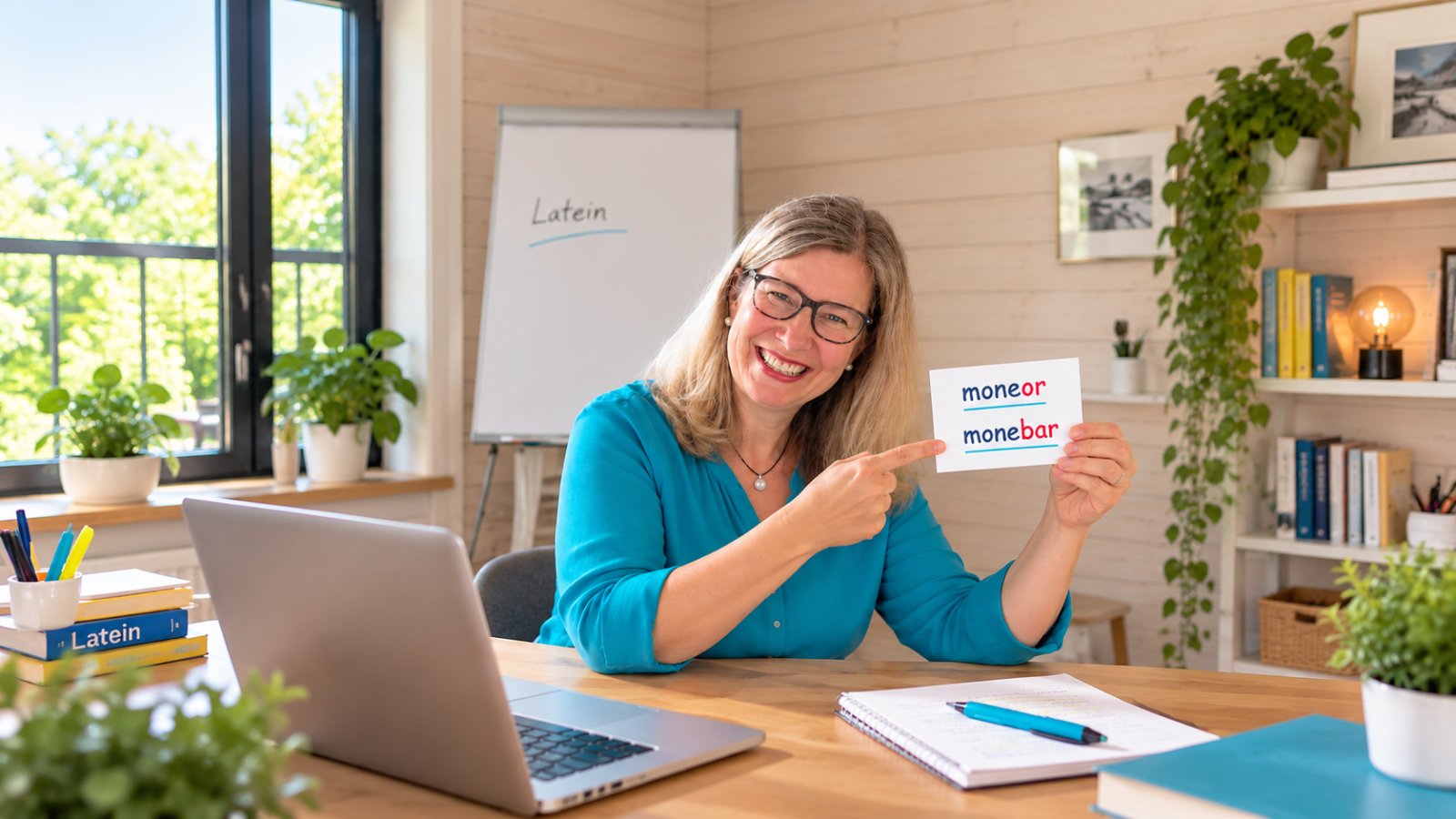 Bettina Betz am Schreibtisch vor dem Laptop, Übersicht über die Zeiten im im Passiv