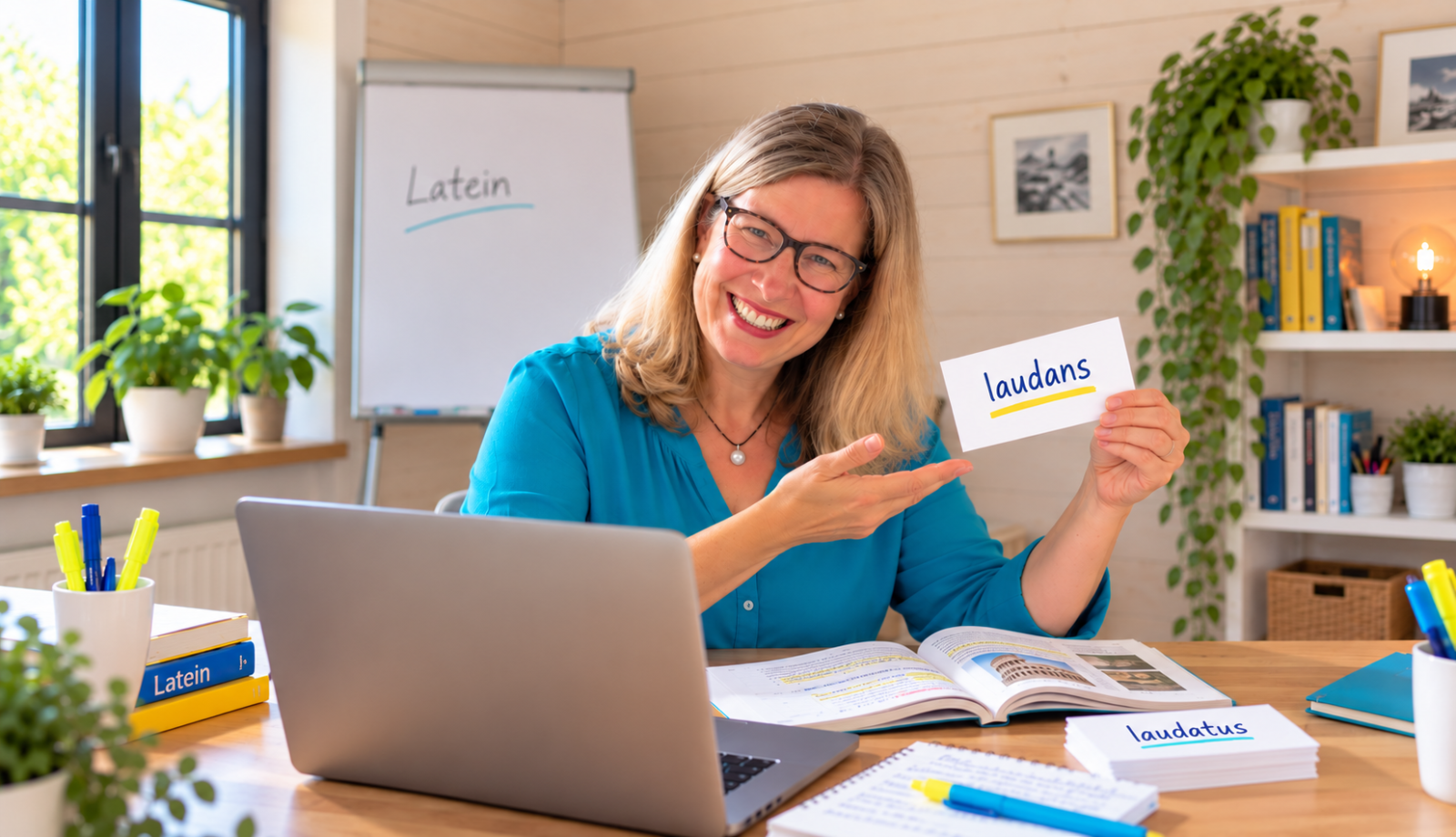 Bettina Betz, Lerncoach für Latein erklärt am Laptop lateinische Partizipien