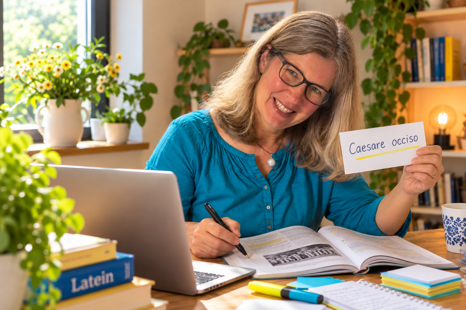Bettina Betz, Lerncoach für Latein und Lateinlehrerin sitzt entspannt am Küchentisch mit Lateinbuch im Vordergrund, in Zoomsitzung